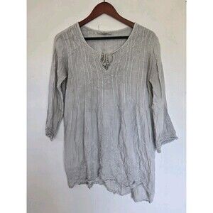 Solitaire Top Womens M Gray Embroidered Boho Floral Peasant Blouse Hipster Fairy